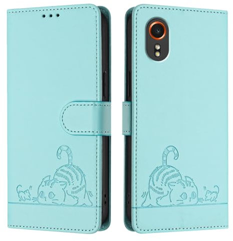 Case for Samsung Galaxy Xcover 7,Embossed Cute Cats, PU Leather Magnetic Wallet Flip Case Protective Cover with Stand function,Card Slots.YB.Mint Green