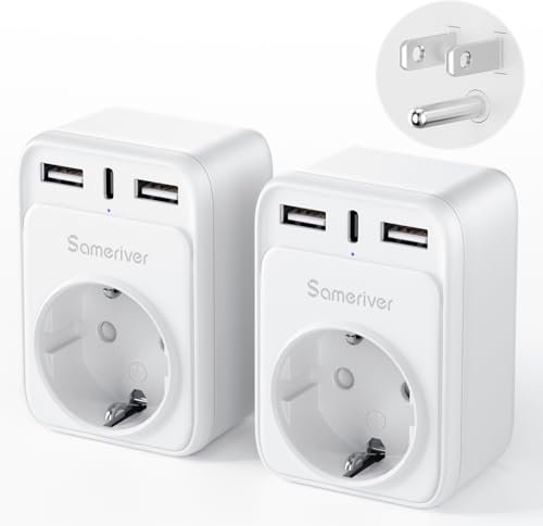 Adaptateur de Voyage Adaptateur USA Allemagne Prise 2USB 1USB C (3A), 4 en 1 Adaptateur de Prise de Voyage Adaptateur Secteur pour Canada Thaïlande Mexique Chargeur Mural Station de Charge (2 pièces)