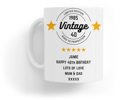 Personalised Vintage 1985 40th Birthday Design Ceramic Tea & Coffee Mug Gift for Son|Daughter|Dad|Daddy|Husband|Men|Women|Wife|Mum|Her|Him|Ladies