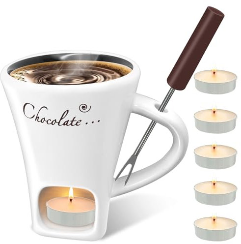 Dongcill Schokofondue Tasse, 200ml Schokoladen Fondue Becher Set, Keramik Schokoladenfondue Set, mit Gabel und Teelicht