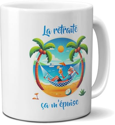 DECOHO - Mug La retraite ça m'épuise homme - Retraite homme - 33 cl, céramique - Imprimé en France - Blanc