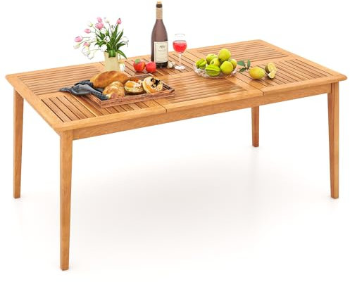COSTWAY Mesa Jardin Exterior, 170 x 90 cm, Madera de Acacia, Mesa Rectangular para 6 Personas, Agujero para Sombrilla de 5 cm, Mesa Comedor Terraza Balcon Jardin Exterior