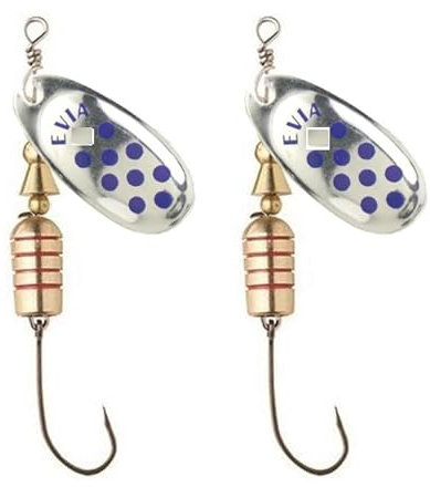 Cucharilla de Pesca Evia Dotty Modelo 11 Numero 2 Color Plata con Pintas Azules 4,2 Gramos con Anzuelo Simple sin Muerte (2 Piezas) [H11SS2PAZ]