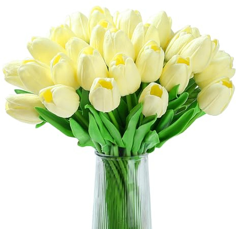 XIANNVXI 20pcs Beige White Tulips Artificial Tulip Flowers Silk Tulips Decorative Fake Faux Beige White Flowers for Indoor Spring Kitchen Wedding Bouquet Rome Decor 14 Inch