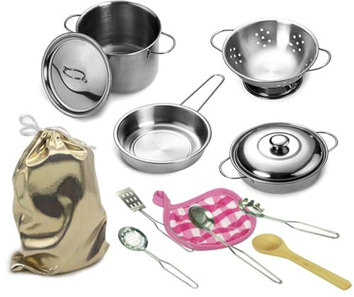 Juega para niños y sartenes, 12 Piezas/Set de Acero Inoxidable ollas y sartenes, Utensilios de cocción simulados con Bolsa de Almacenamiento