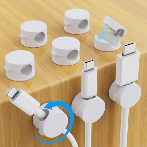 AGPTEK 8 Stück Magnetische Kabelclips, 360° drehbare Kabelhalter, Weiß | Selbstklebende Kabelklemmen mit Starken Klebepads für Schreibtisch, Wand, Kabelmanagement für Netzkabel, HDMI, Ladekabel