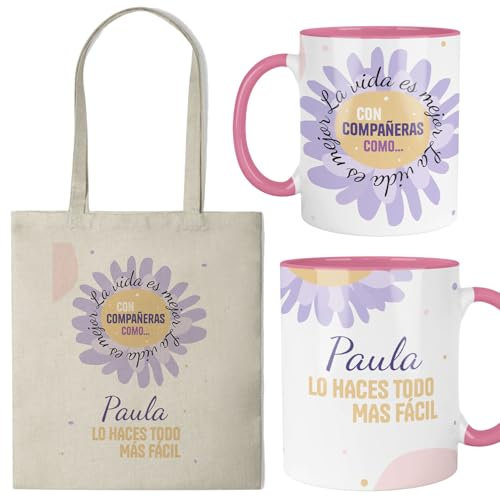 Kembilove® Pack taza y bolsa compañera personalizada | Regalo bonito y emotivo para compañera de trabajo | Diseño floral con nombre | Detalle original y útil | Frase “lo haces todo más fácil”