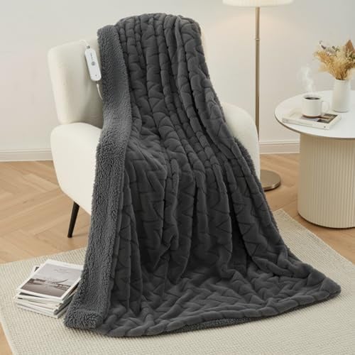 Couverture Chauffante Électrique 130x180cm, 4 Niveaux, Arrêt Auto 10H, Lavable en Machine, Polaire Bunny & Sherpa, Réchauffement Corporel, Utilisation Canapé/Lit/Bureau (Gris Foncé)