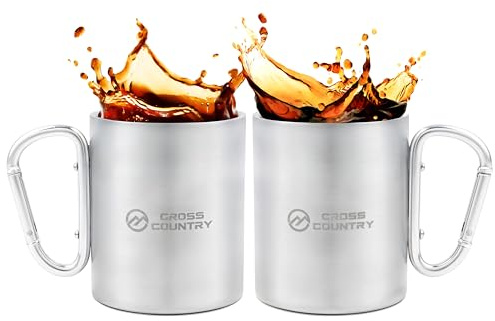 CROSS COUNTRY 2 Pack 300ML Stainless Steel Camping Mug | Double Walled Travel Cup with Carabiner Handle | Lightweight & Insulated Metal Mug for Hiking, Trekking, Outdoor Adventure