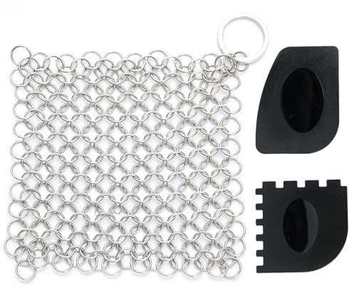 Cepillo para fregar de malla de cadena de hierro fundido - Anillo fino - Limpiador de estufa de acero inoxidable 316 - Silicona integrada con anillos soldados - para utensilios de cocina, ollas