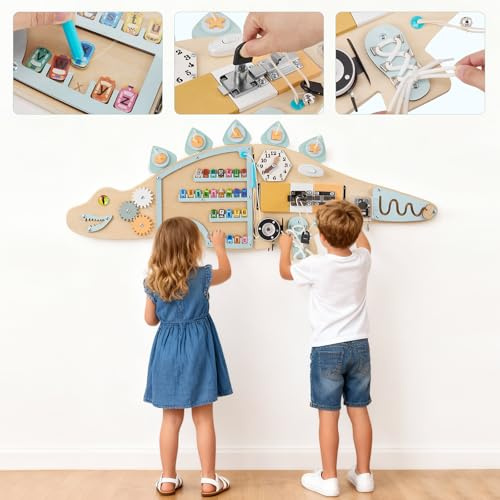 Kalyfhng Tableau d'activités en Bois Dinosaures, Centre d'activités et d'éveil 12 en 1 avec boîte à Musique, Engrenages, Jeu d'association de Lettres, Jouet sensoriel Montessori pour Tout-Petits
