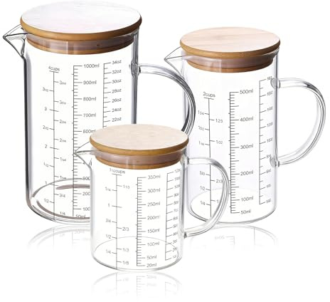 Verre Doseur en Verre Set 3 Pièces, Gradué avec Couvercle et Poignée, 350ml 500ml 1000ml Doseur Cuisine, avec Échelle Précise pour Cuisine et Pâtisserie
