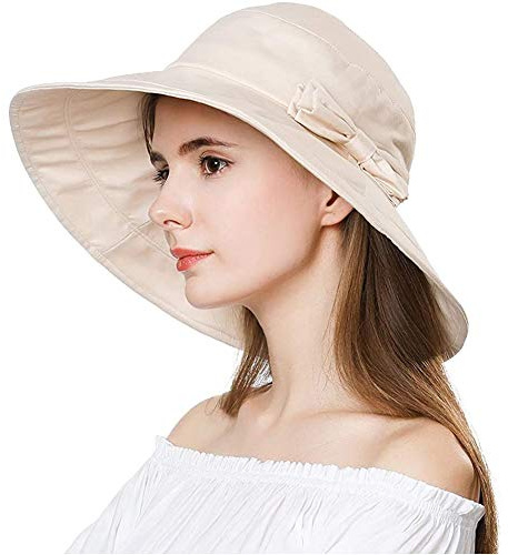 Comhats Ladies Sun Hats for Small Heads Bucket Summer Sun Hat Foldable Beach Hat Wide Brim UPF50+ Packable for Womens Beige Small