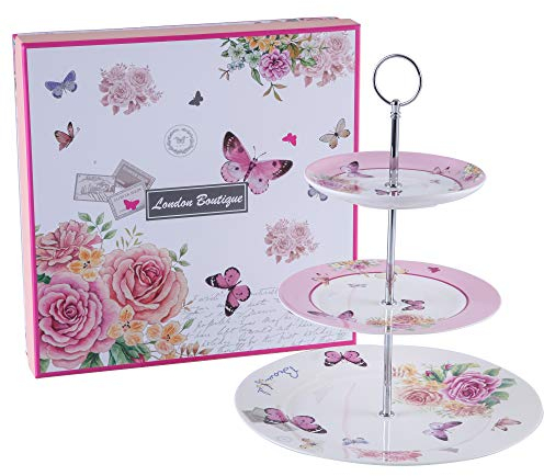 London Boutique Etagere/Kuchenständer mit 3 Etagen aus Porzellan im Shabby-Chic-Stil, Design: Schmetterling, in Geschenkbox