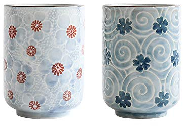 MengCat Japanische Teetassen Keramiktasse Becher Japanische traditionelle Blume schönes Design 2 Stück yunomi Teetassen 10 OZ