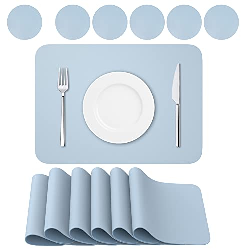 BANNIO 6er Set Tischsets abwaschbar,Abwischbar Lederoptik Platzset und Untersetzer,Wasserdicht PVC Platzdeckchen Tischset für Hause Küche Restaurant und Hotel,41x31cm,Hellblau