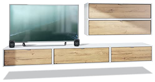 Vladon Wohnwand Lana V2 Anbauwand aus 5 Hängeelementen mit 12 Fächern, Made in Germany, Korpus in Weiß matt, Fronten in Eiche Natur | Große Farbauswahl