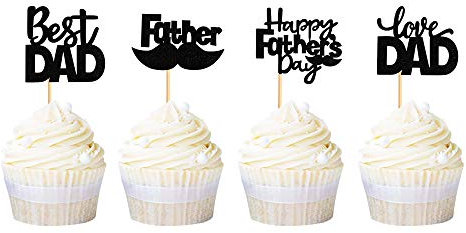 Ercadio 48 Pack Happy Father's Day Cupcake Toppers Black Glitter Moustache Father Love Best Dad Cupcake Picks Happy Father's Day Theme Party Cake Decorations Supplies (Black)