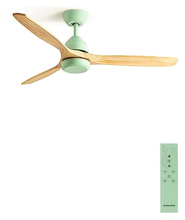 CREATE / WINDCUP/Ventilador techo verde aspas madera natural con mando/Función verano-invierno, 6 velocidades, programable 1 a 4h, 2 alturas, 40W, Ø132 cm
