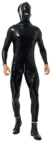 Freebily Herren Lackleder Overall Langarm Wetlook Catsuit Leder Männer Body Einteiler Hosenanzug Mit Kapuze Party Clubwear Erotik Unterwäsche Schwarz XL