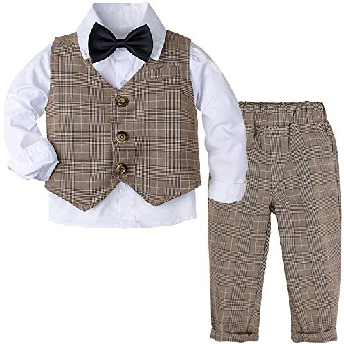 mintgreen Baby Jungen 4 Stück Gentelman Anzug Outfits Krawatte Hemd +Fliege + Weste + Hosen Kleinkinder Kleidung, Khaki Plaid, 12-18 Monate, 80