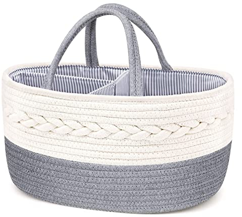 Yueshop Baby Nappy Caddy Organiser, Multifunctional Cotton Rope Baby Diaper Caddy Nursery Portable Storage Wipes Bag with Adjustable Paste Dividers Nappy For Newborn (Light Grey)