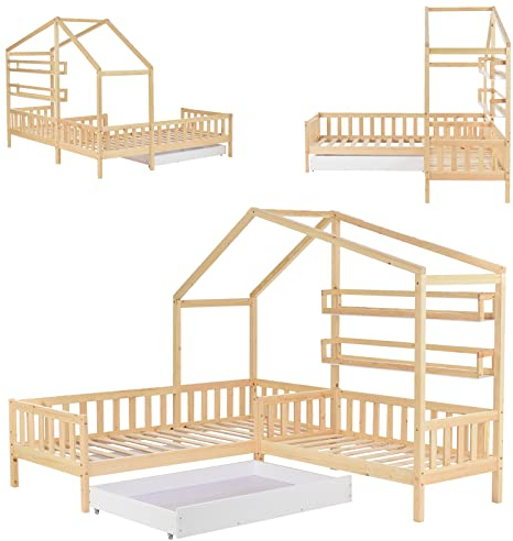 JINTAOMA Massivholzbett für Kinder, niedriges Hochbett aus Holz, Hochbett für Kinder, 90 x 200 cm großes Bett, Spielbett, Jugendbett, Doppelbett
