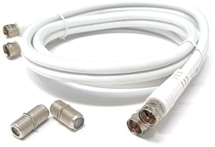 DRUT 1m Twin Shotgun Satellite Moulded F-Type Plug to Socket RG6 Coaxial Extension Antenna Cable Lead With F-Type Couplers 3.3ft White