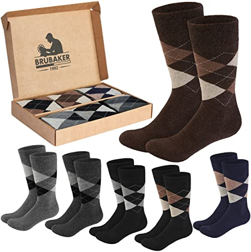 BRUBAKER 6 Paar Socken mit Rautenmuster - Herrensocken mit Argyle Karo Muster in Geschenkbox - Herren Komfortsocken - weich und atmungsaktiv - Farbmix Grau/Braun