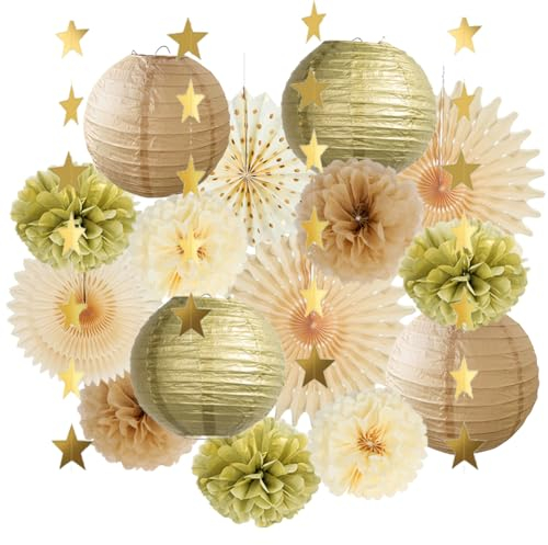 Party Deko Gold Beige Deko Pompons Gold Braun Goldene Partydeko Papierfächer Lampions Kit für Neutral Deko Geburtstag Beige Gold Babyparty Hochzeitsdeko Abschluss