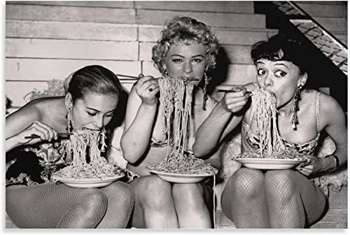 UDERUI Frau isst Spaghetti Poster Schwarz Weiß Wandkunst Frau isst Spaghetti Drucke Küche Leinwand Malerei Zuhause Wanddekoration Bild 50x70cm Kein Rahmen