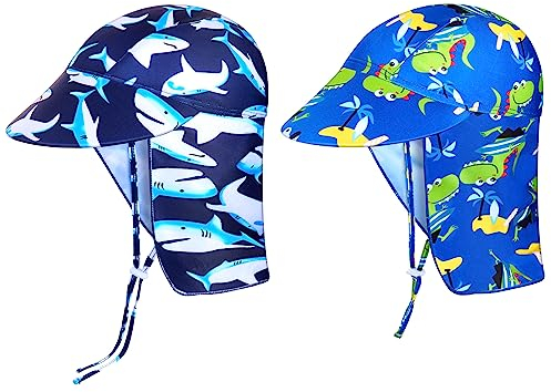 SATINIOR 2 Sombreros Sol Bebé con Correa Barbilla Gorro Protección Solar UV UPF 50+ con Solapa 1-7 Años (Tiburón, Dinosaurio)