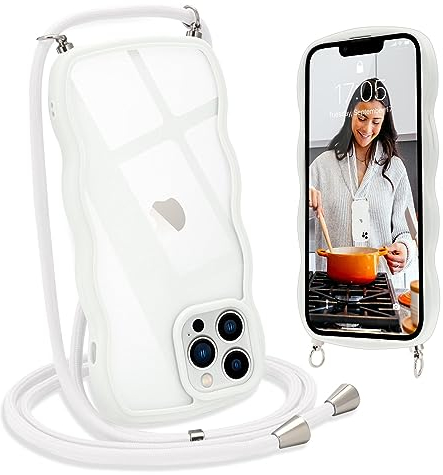 L-FADNUT Handykette für iPhone 13 Pro Max Hülle mit Band, Silikon Wellen Rahmenform Handyhülle mit Kordel zum Umhängen, Transparent Schutzhülle Case für iPhone 13 Pro Max, Weiß