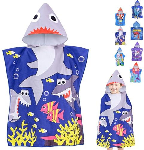 YOUYIKE Tiburón Poncho Toalla Bebe, Toalla Infantil con Capucha De Niño y Niña, Poncho Toalla De Baño con Capucha para Niños, Toalla Playa, para Niñas Niños de 2 a 8 Años, para baño, Piscina, Playa
