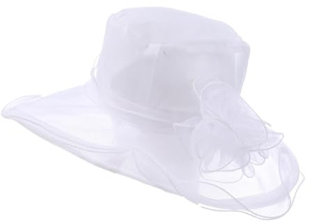 Michear Organza-Sonnenhut, für Kirche, Party, Hochzeit, Fascinator, atmungsaktiv, breite Krempe, Strandhut, Schleife, Partyhut, eleganter Pillbox-Hut, Retro-Fedoras, weiß, 49