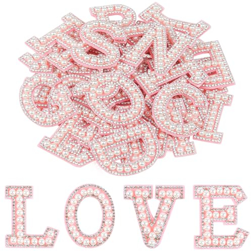 Morcheiong 52Pcs Pearl Rhinestone Letter Patches Self Adhesive A-Z, Stick on Pearl Letter Patches for Clothes, Fabric, Backpack (Pink)