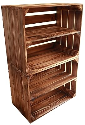 Geflammte Holzkisten Weinkisten Obstkisten Holz mit Mittelbrett/Zwischenbrett Ablage für Aufbwahrung Schuhregal (50er / 2er Set, Mit Ablage Lang)
