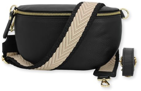 BRISE Bauchtasche Damen Echtes Leder SAHEL Handgemachte Umhängetasche Crossbody Bag Hüfttasche mit Ledergurt + Optionalen Breiten Gemusterten Riemen Gürteltasche Made in Italy (Schwarz-Gold 2)