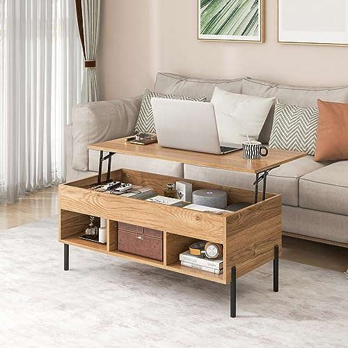 GOPLUS Table Basse Relevable avec Rangement, Table Basse Salon avec Compartiment Caché, Plateau Relevable, 3 Niches Ouvertes, Moderne pour Salle de Réception, Charge 95KG,100x50x45CM