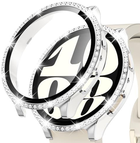 Kamita Glitter Diamante Funda Compatible con Samsung Galaxy Watch 6 44mm, Duro PC Bumper Case con Protector de Pantalla de Cristal Templado Bling Protectora Carcasa para Galaxy Watch6 (Blanco-Plata)