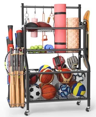 Garage Sports Equipment Organizer - 2025 Upgraded Heavy Duty Steel Ball Storage Sports Organizer for Garage, for Indoor Outdoor