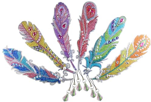 BOUTIKS 5D Diamond Painting Lesezeichen Feder, 6 Stücke Diamant Malerei Lesezeichen mit Anhänger Kristall, Diamant Painting Lesezeichen Kinder Erwachsene DIY Kunsthandwerk Geschenk