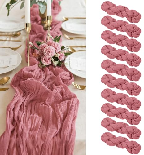10 Packungen Rosen-Tischläufer, 90 x 300 cm, Gaze-Bobo-Tischläufer, Käsetuchstoff, halbdurchsichtiger Tischläufer für Hochzeitsempfang, rustikale Boho-Hochzeitsparty-Tischdekoration