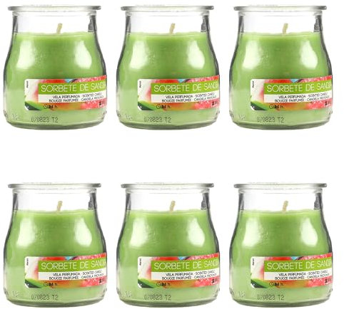 Pack de 6 Velas Aromáticas en Vaso de Yogurt de Cristal Reciclable - 24h de Duración,Cera Vegetal Perfumada, Fabricadas en España, 7x6cm (Sorbete de Sandia)