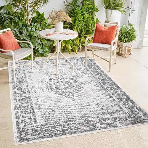 payé In- & Outdoor-Teppich - Grau Creme - 160x230cm - Ornamente - Wendeteppich Wetterbeständig für Balkon Terrasse - Indoor Teppiche Wohnzimmer Küche