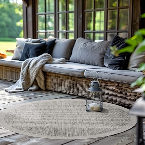 Outdoor Teppich Rund,Terrasse Balkon Garten Küchenteppich Einfarbiges Design Wetterfest Flachgewebe Sisal Look Waschbarer Teppich, Größe: 160 cm Rund, Farbe: Grau