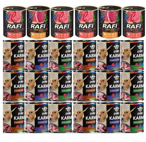 Dolina noteci Rafi & PAKO Mixbox | 24x800g Hochwertige Nassfutter-Dosen für Hunde | Rind, Ente, Wild, Lamm & Kaninchen | 19,2 kg