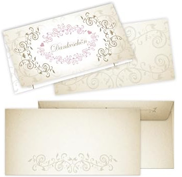 25 Dankeskarten mit 25 Kuverts für Hochzeit, Standesamt, Geburtstag, Konfirmation, Kommunion, Taufe, Geburtstag, Jubiläum. Klappkarten 21 x 10,5 cm. Luxuriöse florale Ornamente gold creme