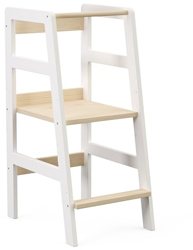 Bellabino Milo Lernturm für Kinder Weiß/Natur, 3-Fach höhenverstellbar, Montessori Lernturm ab 1 Jahr aus Kiefer Massivholz, Küchenhelfer für Kinder Trittschemel