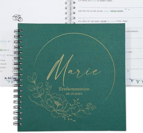 FEENSTAUB Leinen-Gästebuch Kommunion, personalisiertes Gästebuch mit Fragen zum Ausfüllen, graviertes Erinnerungsalbum mit Namen, Geschenk Konfirmation Firmung, Kommunionsgeschenk, Gästebuch Blume